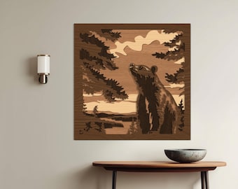 3D Bär SVG für Laser Cut, Waldwild lebende Tiere Wandkunst, mehrschichtiges Grizzly Sperrholzmuster, Berg Natur Szene DXF Rustikales Wohndekor