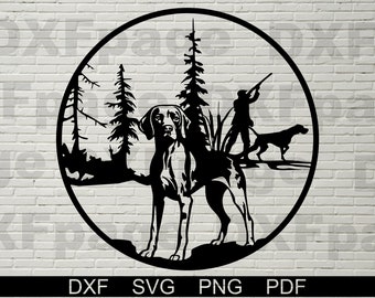 May include: Black and white silhouette of a hunting dog standing in a forest scene with a hunter and another dog. The image is in a circle with a white background.