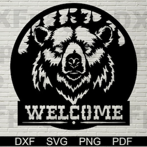 Signo de oso de bienvenida SVG DXF, animales cortados con láser de archivo, dxf para plasma, decoración de pared de madera cnc de oso grizzly, svg para Cricut, silueta dxf, rancho