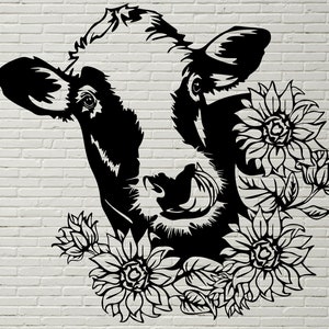 Kuh Svg schneiden Datei, Kuh Kopf Svg, Bauernhof Leben, Landwirtschaft Svg, Sonnenblumen, Silhouetten Dxf-Datei, Vegan Design, Dateien für Cricut, Clipart, Vinyl-Datei