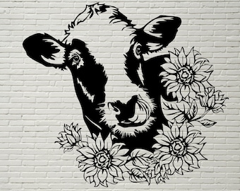Kuh Svg schneiden Datei, Kuh Kopf Svg, Bauernhof Leben, Landwirtschaft Svg, Sonnenblumen, Silhouetten Dxf-Datei, Vegan Design, Dateien für Cricut, Clipart, Vinyl-Datei