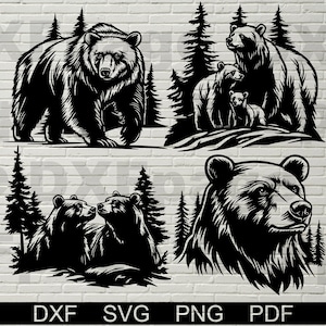 Orso in bundle dxf, svg, scena di fauna selvatica, file dxf per plasma, taglio laser, cnc, arte murale in metallo e legno, modello di carta ritagliata, taglio di compensato stampabile
