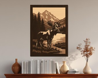 Elch geschichtet SVG, Bergsee Wildtier-Szene, 3D Holz Wandkunst, Laser Cut-Datei für Glowforge, rustikale Cabin Decor, CNC DXF