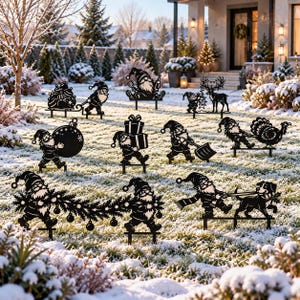 May include: A collection of black metal garden stakes featuring gnome silhouettes engaged in various holiday activities, including pulling a cart of ornaments, carrying gifts, shoveling snow, decorating a reindeer, and walking a dog in a snowy yard.