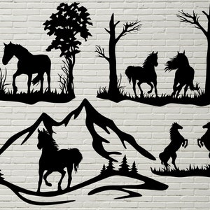 Horse scene SVG DXF, Animals cut file for laser, dxf for plasma, horse cnc file, wall decor, svg for Cricut, Silhouette decal, Rustic design