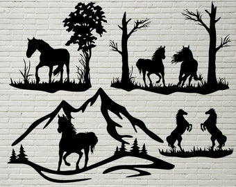 Horse scene SVG DXF, Animals cut file for laser, dxf for plasma, horse cnc file, wall decor, svg for Cricut, Silhouette decal, Rustic design