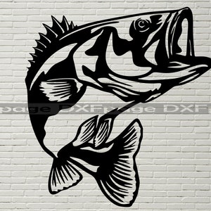 Bass Fisch SVG, DXF-Dateien für Plasma, Laser schneiden, cnc, Svg für Cricut, Holz-Wand-Kunst, Metall-Panel, Bass Angeln Clipart, See-Fluss-Ozean