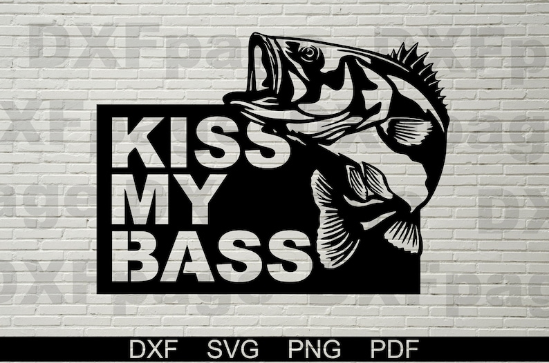 May include: Black and white graphic design of a bass fish with the text "Kiss My Bass" in a black rectangle.
