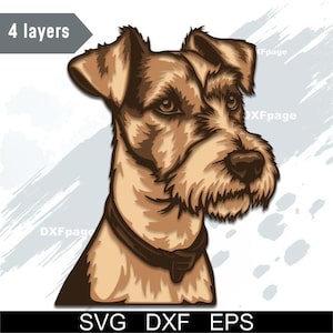 May include: A detailed illustration of a dog's head, featuring shades of brown, tan, and black. The dog has a prominent beard and a dark collar. The image includes the text "4 layers" and "SVG DXF EPS".