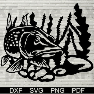 Hecht svg, Angeln DXF-Dateien für Lasercut, Lasercut, Cnc, svg für Cricut, Holzwandkunst, Metalltafel, Wildtier Schablone, Fischszene Vektor