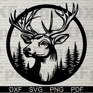 鹿のシーン DXF カット ファイル、cricut 用 svg ファイル、プラズマ CNC、レーザー彫刻、ベクター野生動物、木製壁装飾、金属パネル、印刷可能な png