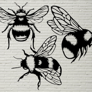 Op de afbeelding: Drie gestileerde zwart-witte hommels met gedetailleerde vleugels en lichamen. De bijen bevinden zich in verschillende posities, een naar voren gericht, een naar de zijkant en een naar achteren gericht.