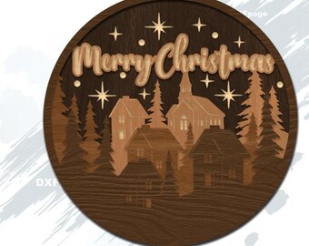 Frohe Weihnachten SVG Laser Cut, DXF, Türschild, 3D Schichtholz Sperrholz, Weihnachtsdorf Scherenschnitt, Cnc, Cricut, Holzdekor, Glowforge