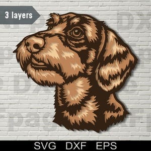 May include: A detailed illustration of a brown and black dog's head, with a focus on the dog's face and ear. The dog has a short, wiry coat and a serious expression.