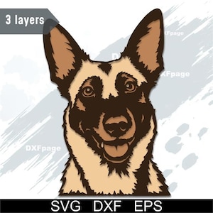 Può includere: Illustrazione digitale della testa di un pastore tedesco, con pelo marrone e beige e un'espressione facciale dettagliata. L'immagine include il testo "3 layers" in alto e "SVG DXF EPS" in basso.