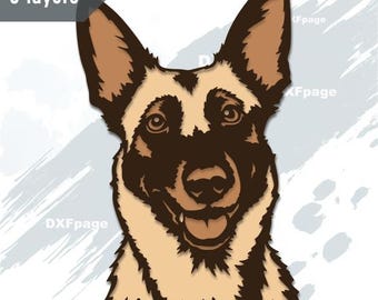 May include: A digital illustration of a German Shepherd dog's head, featuring tan and brown fur with a detailed facial expression. The image includes the text "3 layers" at the top and "SVG DXF EPS" at the bottom.