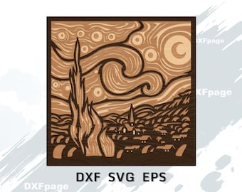 Starry Night Van Gogh multilayer SVG, DXF laser cut, Layered Plywood, Paper cutting, cnc router file, cricut, 3D mandala, Wooden Decor