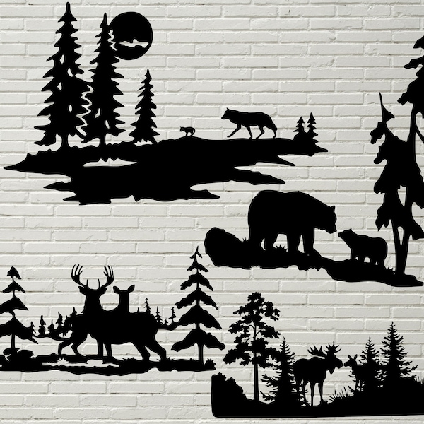 Forest scene SVG DXF, Wild Animals cut file for laser, dxf for plasma, cnc file, wall decor, svg for Cricut, Silhouette decal, Rustic design