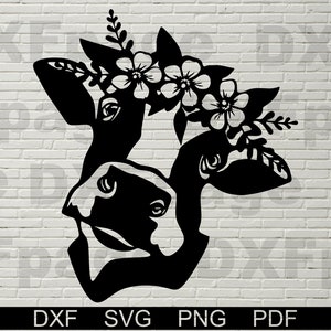 May include: Black silhouette of a cow's head with a floral crown. The flowers are white and have a simple design. The cow's head is facing the right side of the image.