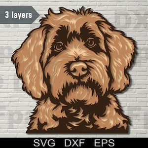 May include: A detailed illustration of a dog's face, featuring a light brown coat with darker brown accents. The image is layered, with the text "3 layers" and "SVG DXF EPS" visible.