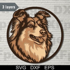 Puede incluir: Ilustración de la cabeza de un perro marrón y beige dentro de un marco circular marrón oscuro. La imagen tiene un diseño de 3 capas e incluye el texto "SVG DXF EPS". El perro está sonriendo con la lengua fuera.