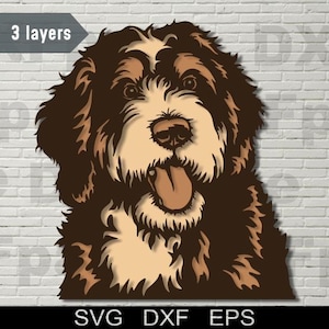 May include: A layered dog portrait in brown, tan, and cream colors. The dog has a long tongue and is set against a white brick wall. The text "3 layers" is in the upper left corner. The bottom of the image has the text "SVG DXF EPS".