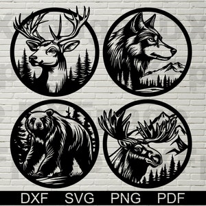 Tierszene DXF Schnittdatei, svg für Cricut, laser graviert, Vektorwildleder, Holzwanddekor, Metallplatte, Bär Wolf Hirsch Elch