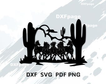 Wild Horses SVG, Desert Scene Laser Cut File, Western Wall Art DXF for Plasma, Cactus Horse Scene CNC, Farmhouse Wood Sign
