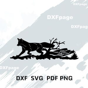 May include: Black silhouette of a fox in motion, leaping over a log and foliage. The image includes the text "DXF SVG PDF PNG" in a sans-serif font, set against a light gray background with white brushstrokes.