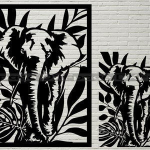 Arquivo de corte Svg de elefante, folhas tropicais svg, clipart de elefante, vida selvagem da África, arquivo dxf de plasma, arte em madeira a laser, Cricut, design de camiseta