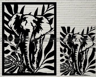 Elephant Svg Cut File, tropical leaves svg, Elephant Clipart, Africa Wild Life, plasma dxf file, laser wood art, Cricut, T-shirt design