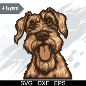 May include: A detailed illustration of a brown dog with its tongue out. The dog has a shaggy coat and is facing forward. The image includes the text "4 layers" and "SVG DXF EPS".