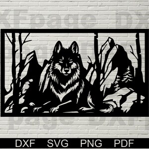 オオカミ dxf、svg、野生動物のシーン、ゲート デザイン、プラズマ用 dxf ファイル、レーザー切断、cnc、金属フェンス、木製壁アート、パネル ステンシル ウォータージェット