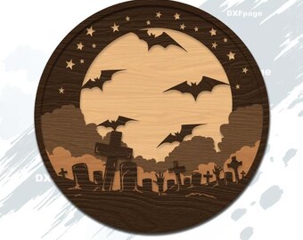 Cemetery multilayer SVG, Halloween DXF Laserschnitt, geschichtetes Sperrholz, Papierschnitt, CNC-Fräser Schnittdatei, Cricut, 3D Halloween Holzdekor