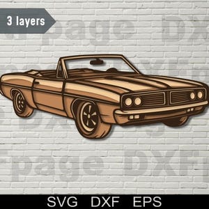 May include: A tan convertible car illustration with a detailed design. The image shows a classic car with a low profile, visible wheels, and a detailed front grille. The text "3 layers" is in the top left corner. The bottom of the image has the text "SVG DXF EPS".