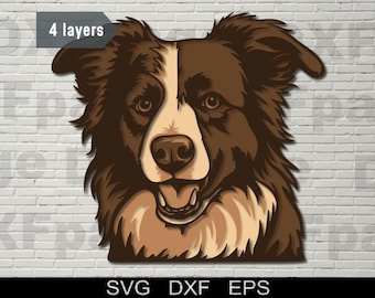 Border Collie 3D SVG multicamadas, corte a laser DXF, cachorro, cachorro em camadas, madeira compensada, corte de papel, cnc, cricut, mandala, modelo de decoração de madeira