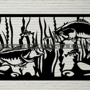 Bass Fish scene Svg, File DXF di pesca per plasma, Taglio laser, cnc, svg per cricut, arte della parete in legno, pannello metallico, stencil della fauna selvatica, Vector