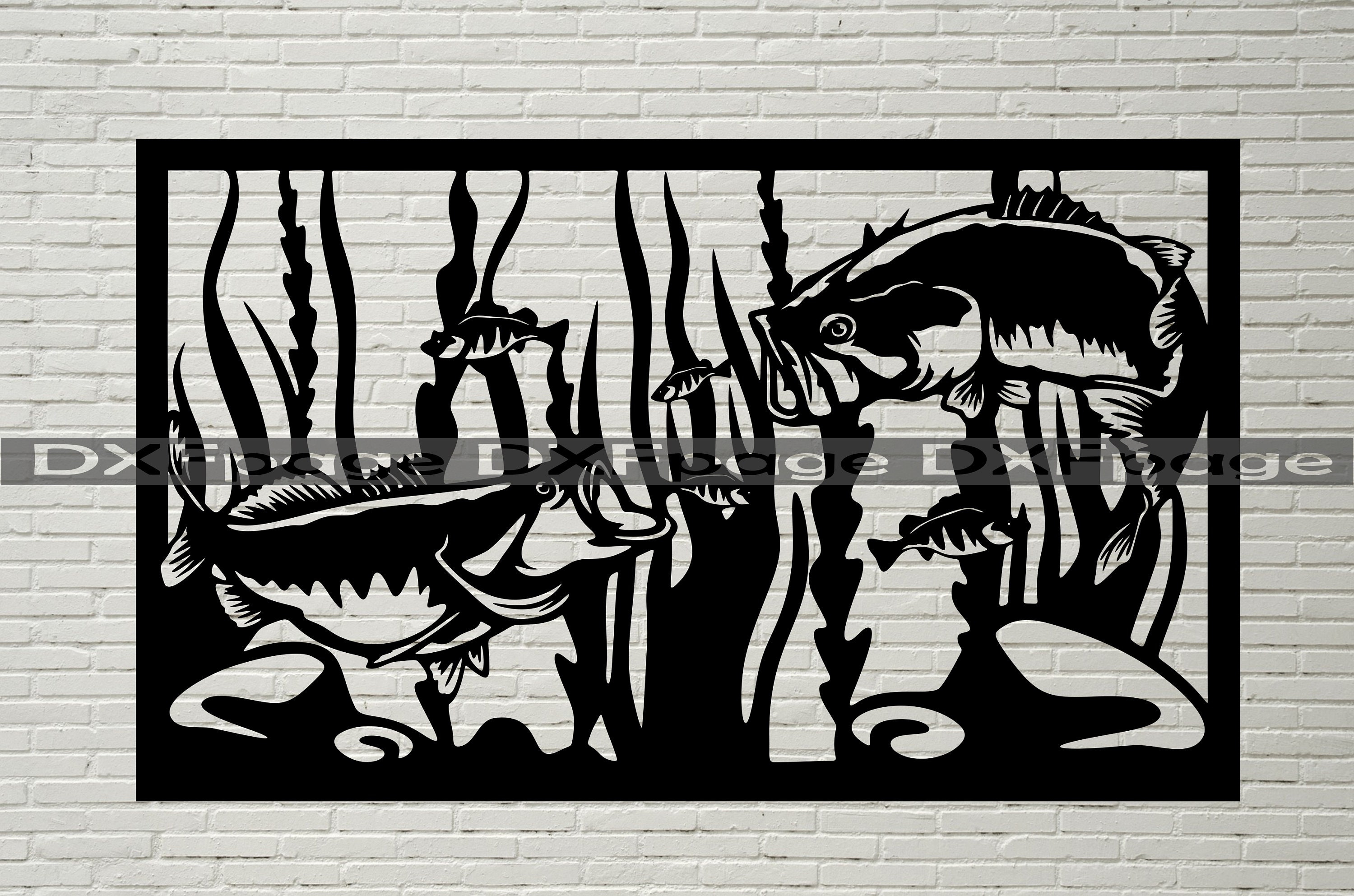 Bass Fish scene Svg, Fishing DXF files for plasma, Laser cutting, cnc, svg for cricut, wood wall art, metal panel, wildlife stencil, Vector