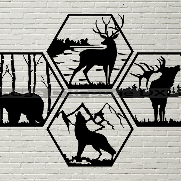 4 Wildlife hexagon panels, DXF stencil, svg cut file, dxf files for plasma, laser cut, dxf cnc, Vector Animals, wall art, Cricut, Silhouette