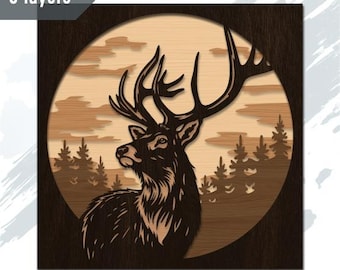 May include: A wooden wall art piece depicting a stag with prominent antlers, set against a forest and a circular sky. The artwork is multi-layered with a dark brown frame and a light brown interior. The text "5 layers" is visible. The image also includes the text "SVG DXF EPS".