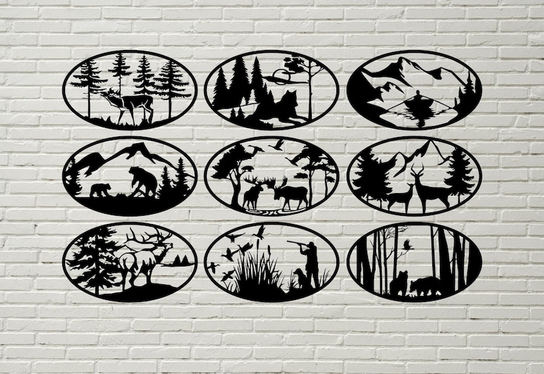 May include: Set of nine black metal wall decor pieces in the shape of ovals. Each oval features a different woodland scene with animals, trees, and mountains.