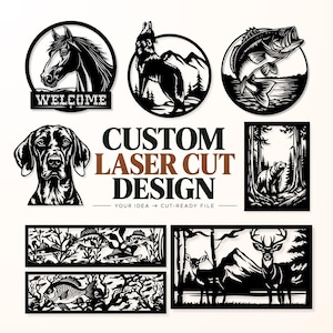 Op de afbeelding: Een collectie zwarte lasergesneden metalen ontwerpen met een paard met de tekst WELCOME, een huilende wolf, een springende vis, een hondenkop, een beer in een bos, vissen in water en een hert in een berglandschap met de tekst CUSTOM LASER CUT DESIGN.