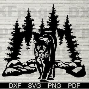 Cougar scène SVG, animaux coupe fichier laser, dxf pour plasma, Cougar cnc bois décoration murale, svg pour Cricut, Silhouette, modèle papercut, png