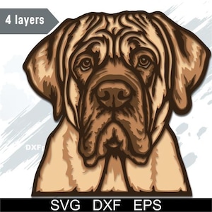 May include: A digital illustration of a Mastiff dog's face, rendered in shades of brown and tan. The image has a layered effect, with the text "4 layers" at the top left. The bottom of the image displays the text "SVG DXF EPS".