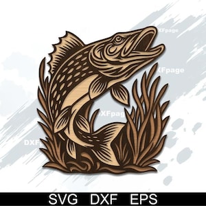 May include: A detailed wooden carving of a fish leaping out of the water, surrounded by reeds. The fish is brown with intricate etched details, and the reeds are a darker brown. The image includes the text "SVG DXF EPS" at the bottom.
