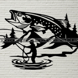 Pesca Svg, file DXF di scena della fauna selvatica per plasma, taglio laser, cnc, svg per cricut, arte della parete in legno, pannello metallico, stencil di pesce trota, vettore