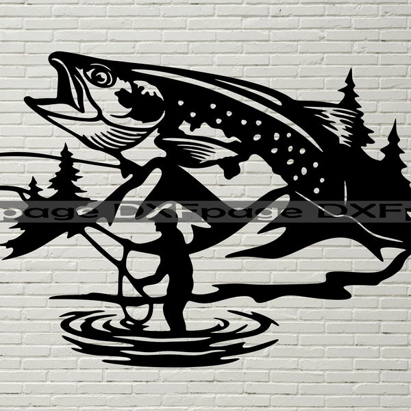 Fishing Svg, wildlife scene DXF files for plasma, Laser cutting, cnc, svg for cricut, wood wall art, metal panel, Trout fish stencil, vector