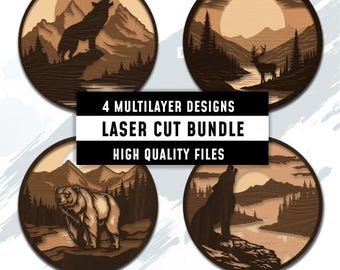 May include: Four circular laser-cut designs featuring wildlife and landscapes. The designs include a howling wolf, a deer, a bear, and a wolf howling at the moon. The text reads: 4 MULTILAYER DESIGNS, LASER CUT BUNDLE, HIGH QUALITY FILES.