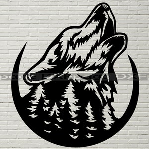 May include: Black and white silhouette of a wolf howling at the moon. The wolf is surrounded by a circle of trees. The image is a graphic design.