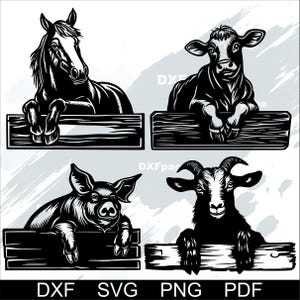Peut inclure: Illustrations vectorielles en noir et blanc d'animaux de la ferme : un cheval, une vache, un cochon et une chèvre. Chaque animal est représenté en train de se pencher sur une clôture en bois. Le texte "DXF SVG PNG PDF" est inclus.